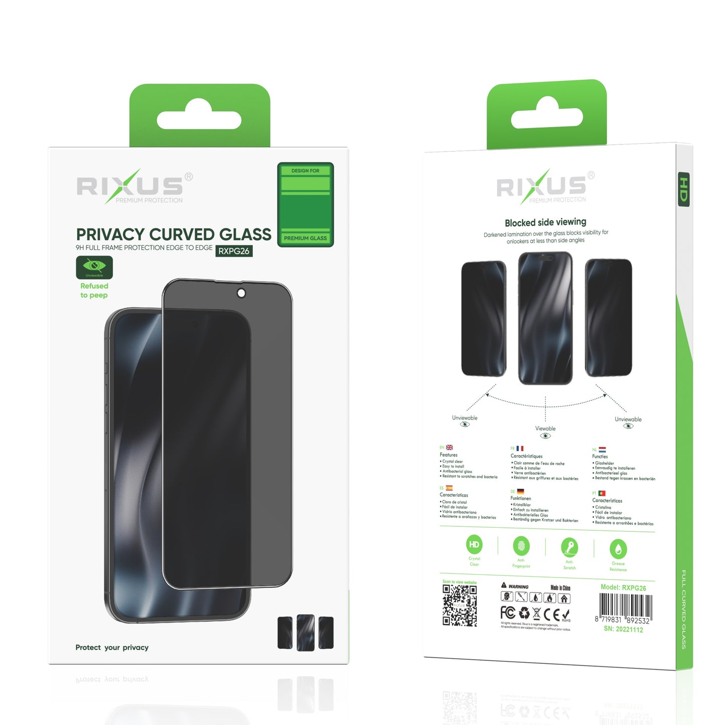 Rixus Privacy Full Curved Edge Gehärtetes Glas für iPhone 12